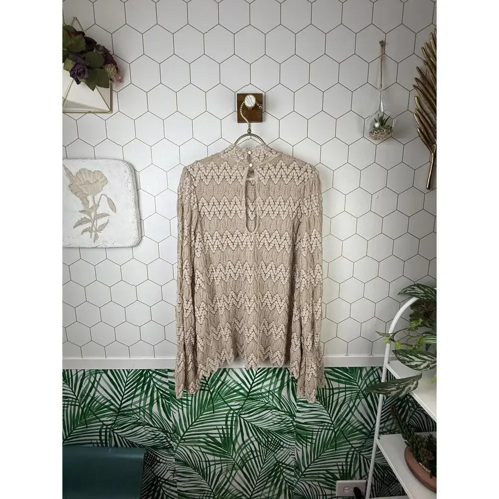 Free People Tan Lace Long Sleeve Tunic Top - Size - Medium